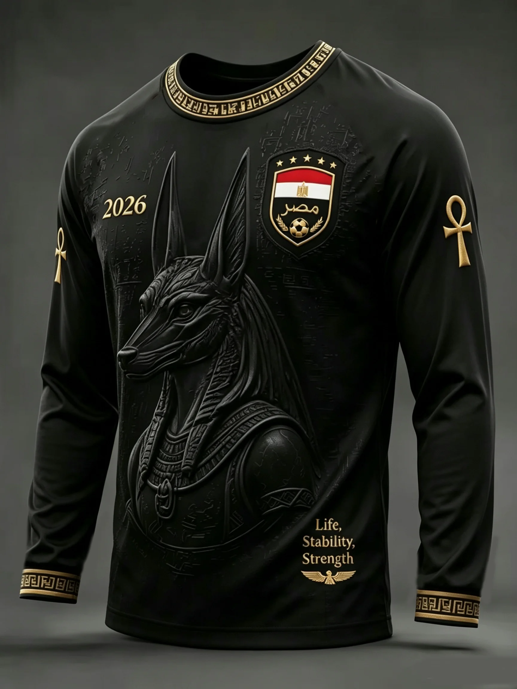 2026 Men’s Egypt‑Style Long‑Sleeve Soccer Shirt,3D‑Printed Ancient Egyptian Graphic,Quick‑Dry Breathable Sports Fan Jersey