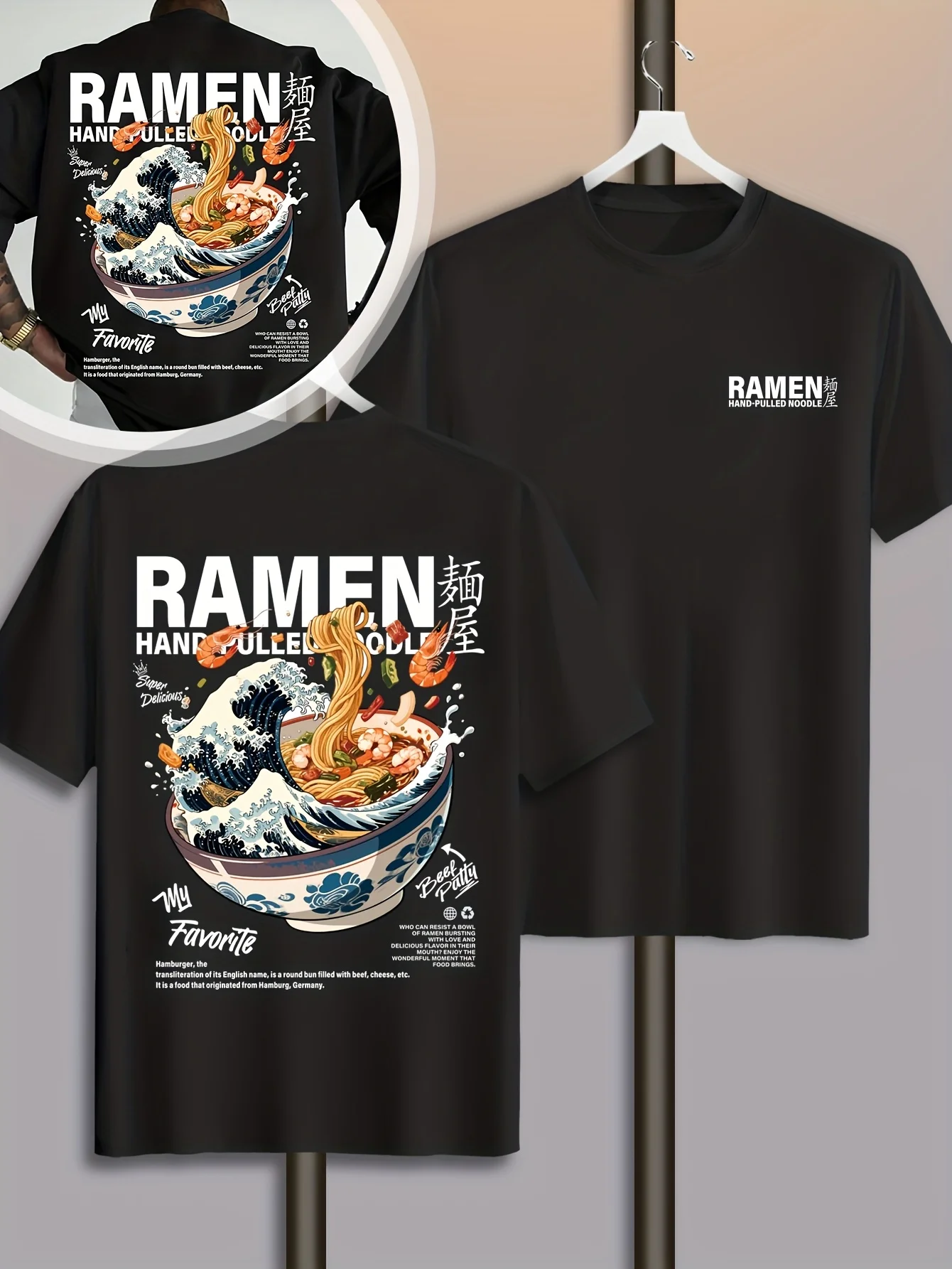 Men New Summer Casual Street Style T-shirt Japanese Waves Ramen Pattern Suitable for Daily Wear 100% Pure Cotton Soft Material