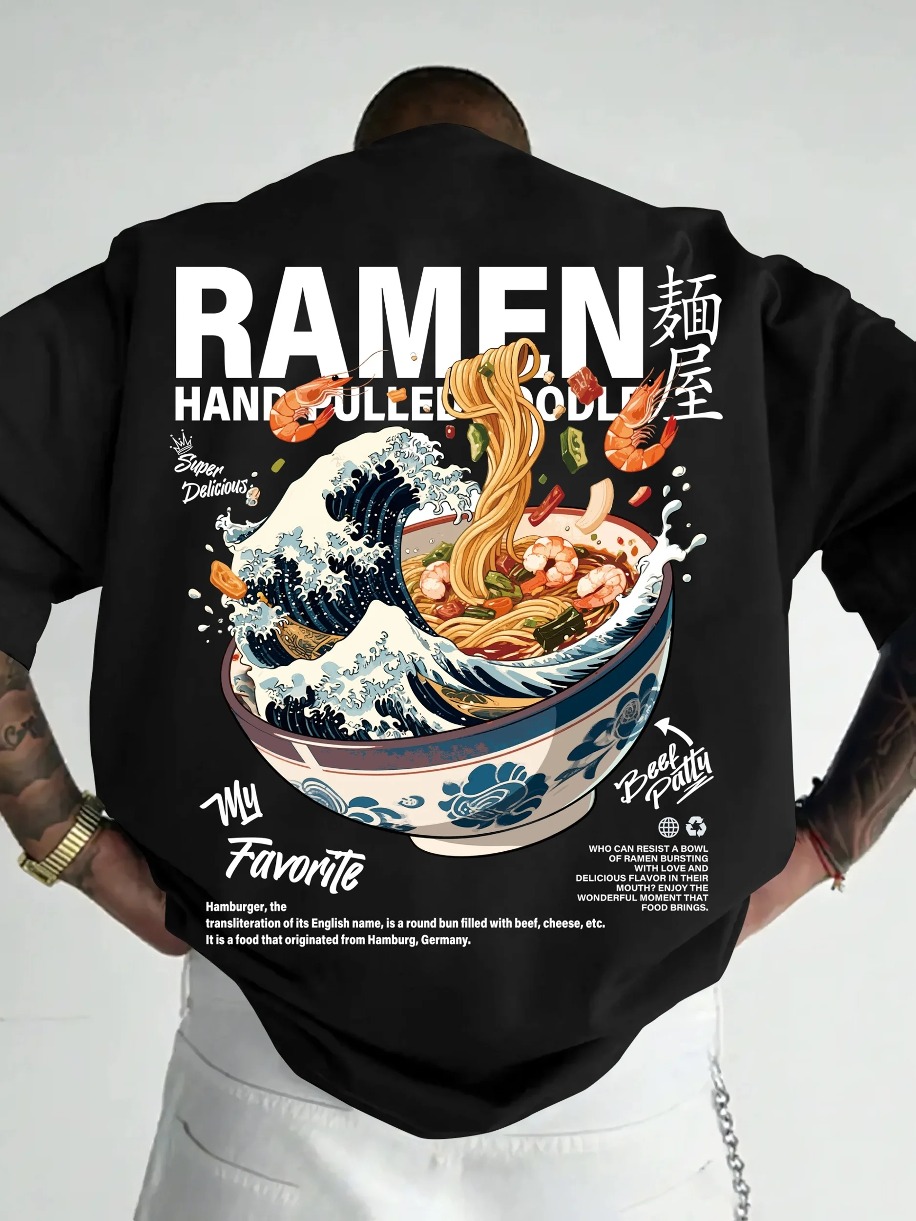 Men New Summer Casual Street Style T-shirt Japanese Waves Ramen Pattern Suitable for Daily Wear 100% Pure Cotton Soft Material
