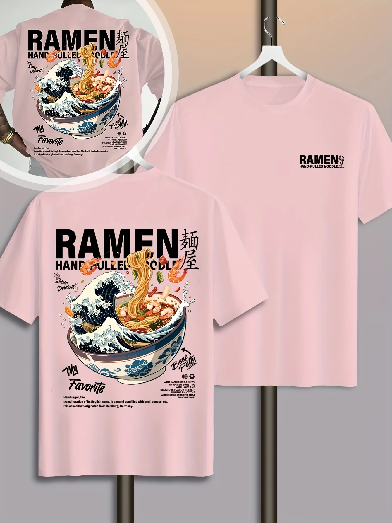 Men New Summer Casual Street Style T-shirt Japanese Waves Ramen Pattern Suitable for Daily Wear 100% Pure Cotton Soft Material