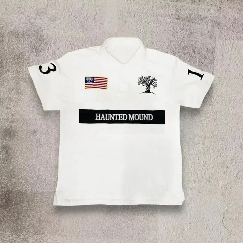 Cotton, Sizes S-4XL Unisex Retro Hip Hop T-shirt, Y2K Style Polo Shirt, Short-sleeved T-shirt with Embroidered Lettering