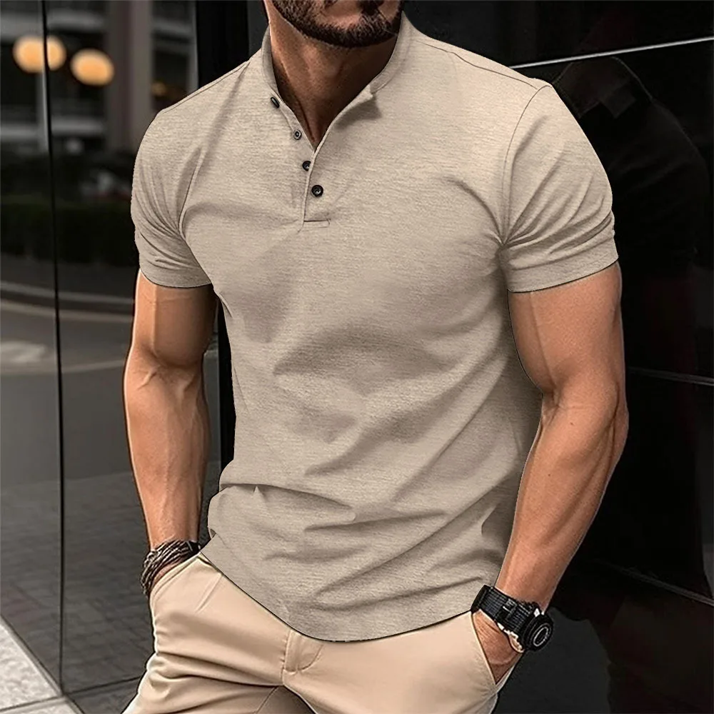 2026 New Summer Men Henley Collar T-shirts Button Slim Casual Male Solid Color Short Sleeve Men Sports T-shirt Polo shirt Tops