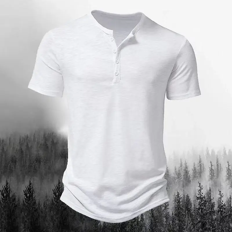2026 New Summer Men Henley Collar T-shirts Button Slim Casual Male Solid Color Short Sleeve Men Sports T-shirt Polo shirt Tops