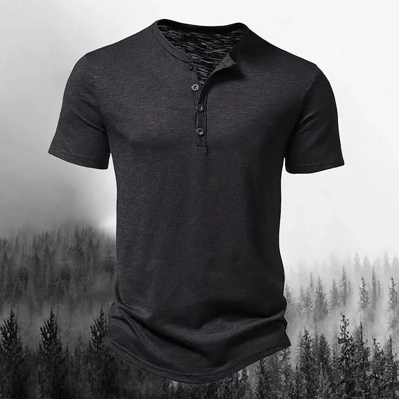 2026 New Summer Men Henley Collar T-shirts Button Slim Casual Male Solid Color Short Sleeve Men Sports T-shirt Polo shirt Tops