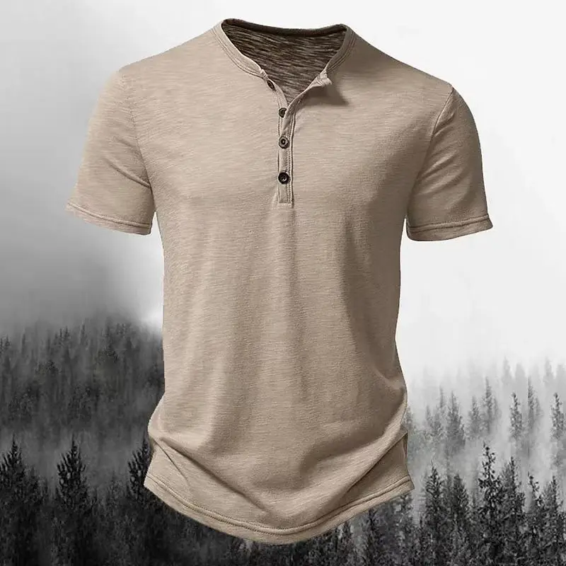 2026 New Summer Men Henley Collar T-shirts Button Slim Casual Male Solid Color Short Sleeve Men Sports T-shirt Polo shirt Tops