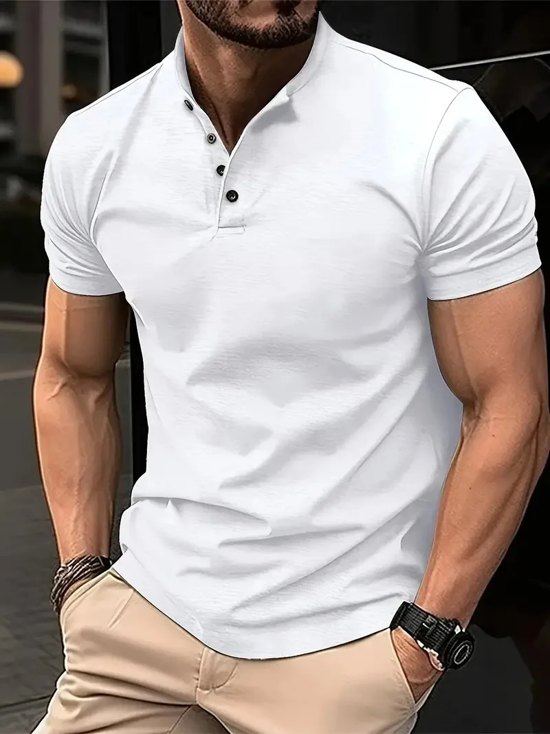 2026 New Summer Men Henley Collar T-shirts Button Slim Casual Male Solid Color Short Sleeve Men Sports T-shirt Polo shirt Tops