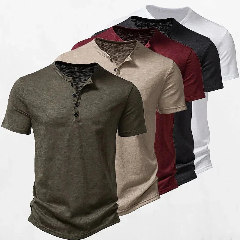 2026 New Summer Men Henley Collar T-shirts Button Slim Casual Male Solid Color Short Sleeve Men Sports T-shirt Polo shirt Tops
