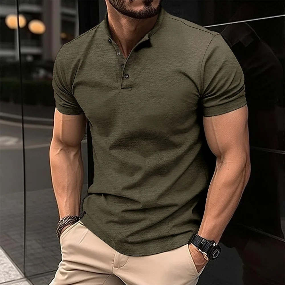 2026 New Summer Men Henley Collar T-shirts Button Slim Casual Male Solid Color Short Sleeve Men Sports T-shirt Polo shirt Tops