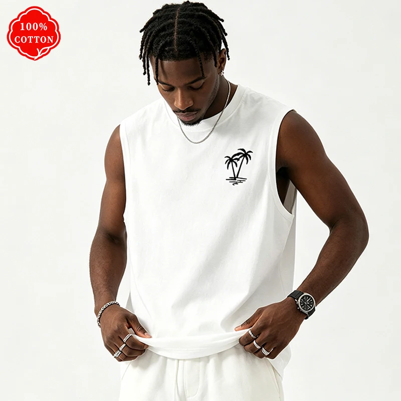 100% cotton men's summer vest is loose-fitting, featuring a coconut tree pattern print, and is a casual sleeveless top - H2