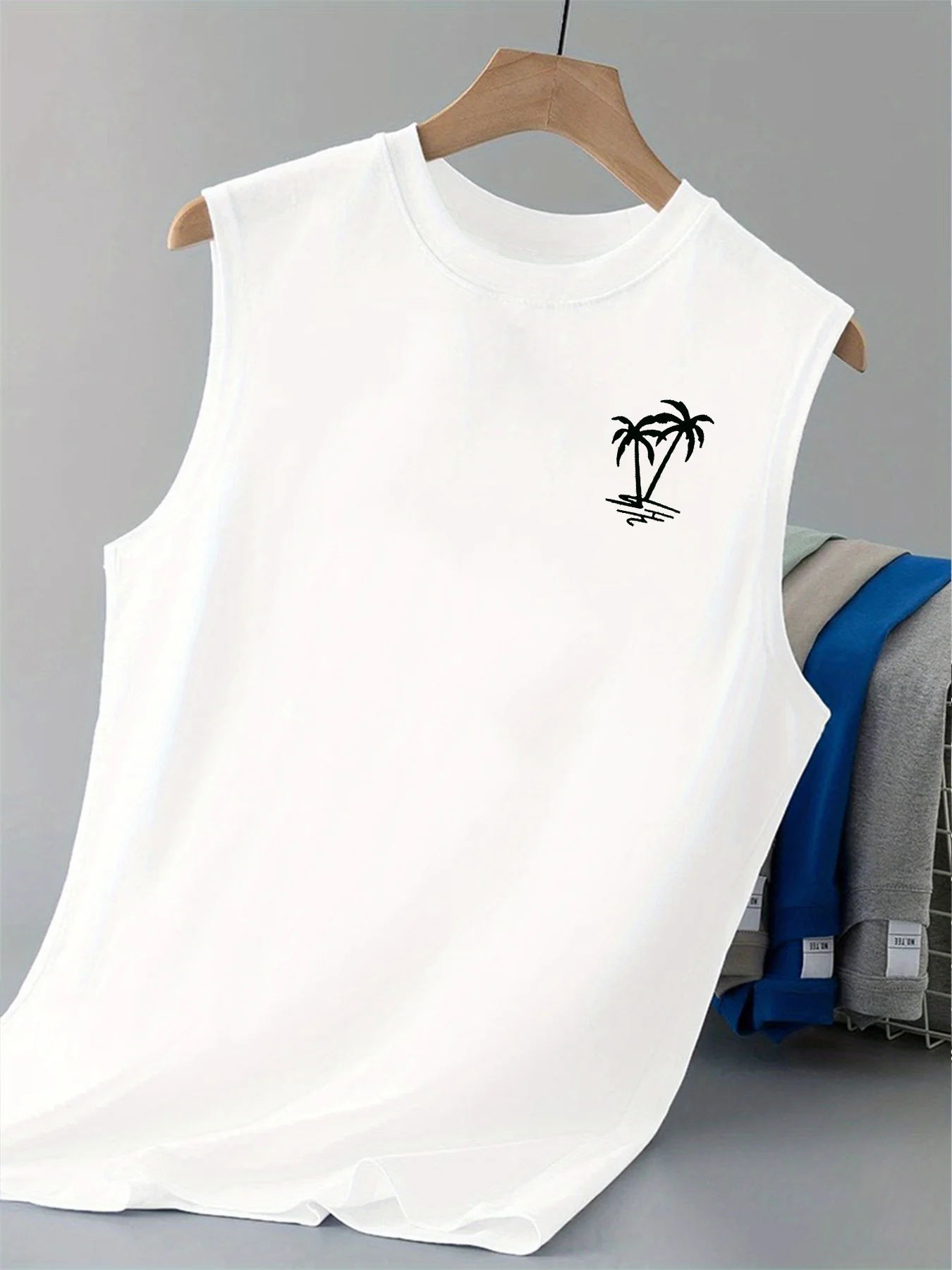 100% cotton men's summer vest is loose-fitting, featuring a coconut tree pattern print, and is a casual sleeveless top - H2