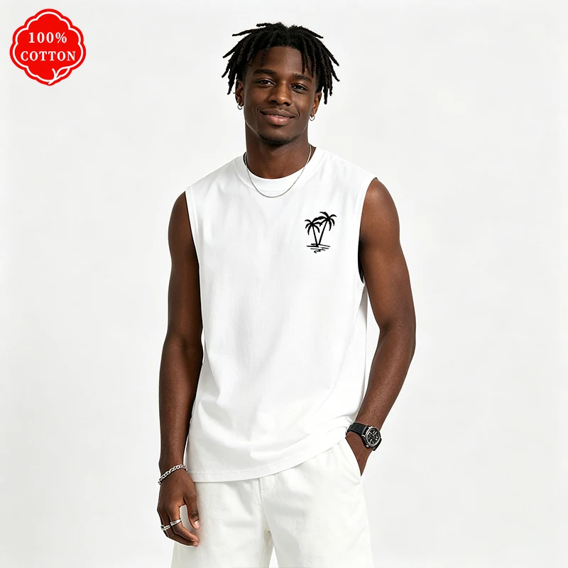 100% cotton men's summer vest is loose-fitting, featuring a coconut tree pattern print, and is a casual sleeveless top - H2