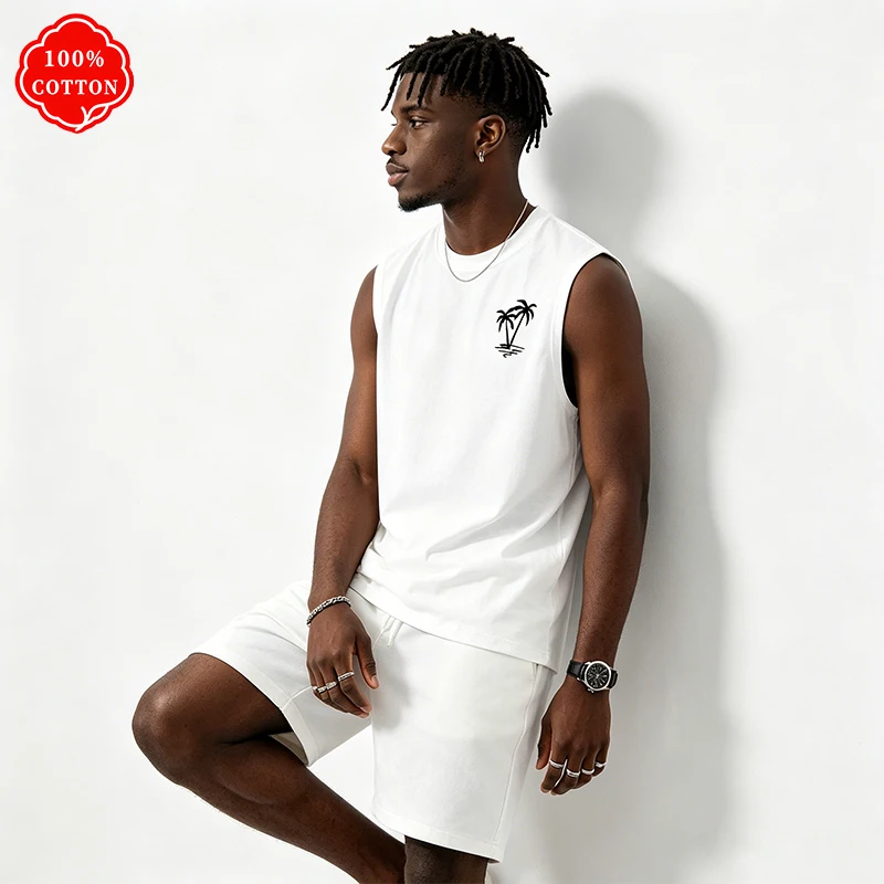 100% cotton men's summer vest is loose-fitting, featuring a coconut tree pattern print, and is a casual sleeveless top - H2