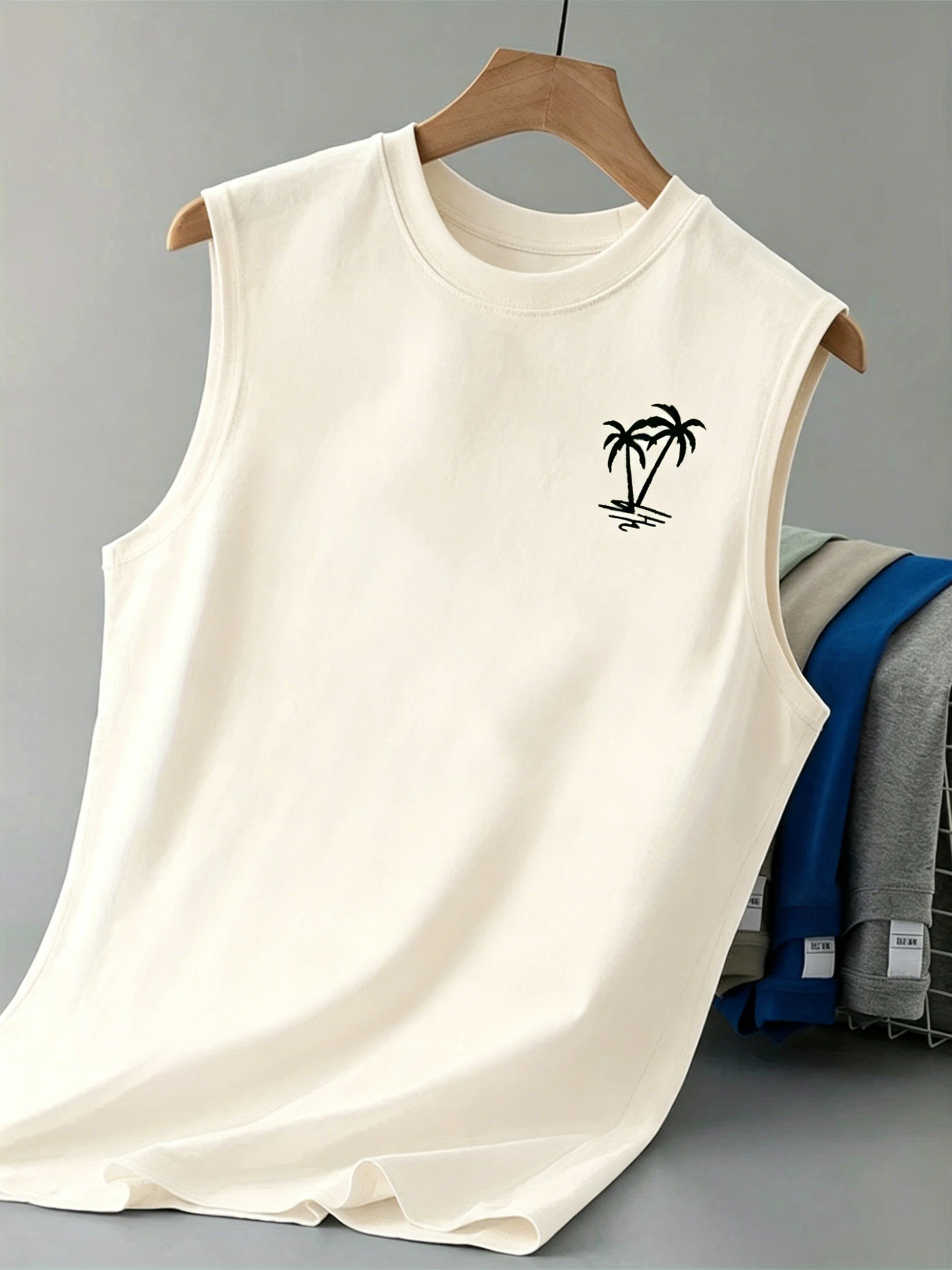 100% cotton men's summer vest is loose-fitting, featuring a coconut tree pattern print, and is a casual sleeveless top - H2