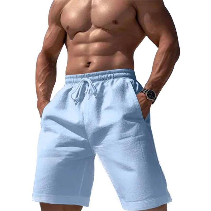 Mens Beach Shorts Casual Loose Knee Length Short Pants Summer Cotton and Linen Shorts Male New Gym Sports Trousers