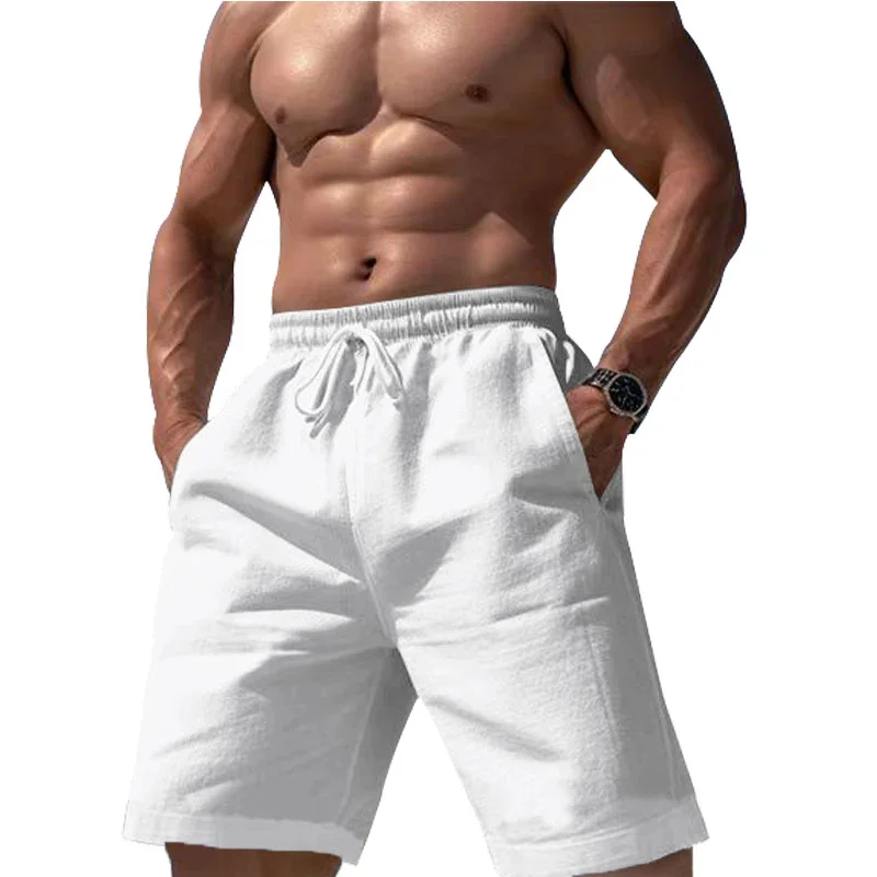 Mens Beach Shorts Casual Loose Knee Length Short Pants Summer Cotton and Linen Shorts Male New Gym Sports Trousers