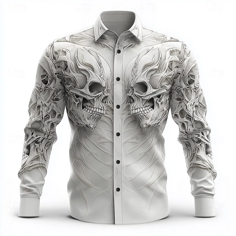 Hip Hop Skull Print Shirt Men Streetwear 2025 Long Sleeve Tops Urban Trendy Graphic Tee Shirt Casual Loose Fit Gothic Clothing