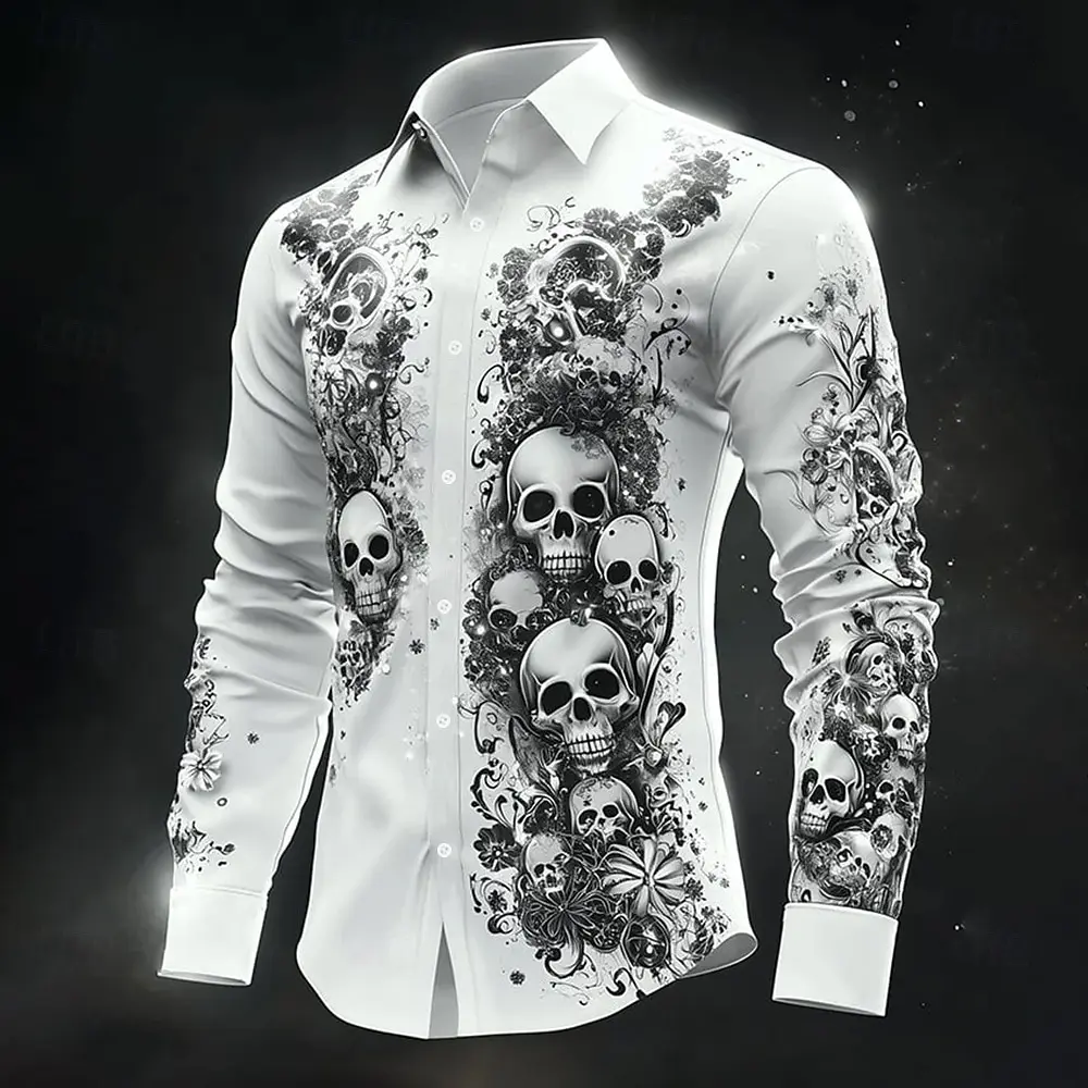 Hip Hop Skull Print Shirt Men Streetwear 2025 Long Sleeve Tops Urban Trendy Graphic Tee Shirt Casual Loose Fit Gothic Clothing