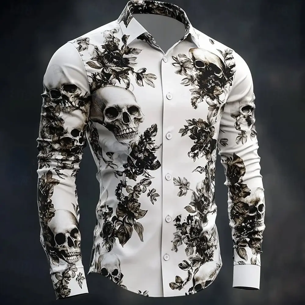 Hip Hop Skull Print Shirt Men Streetwear 2025 Long Sleeve Tops Urban Trendy Graphic Tee Shirt Casual Loose Fit Gothic Clothing