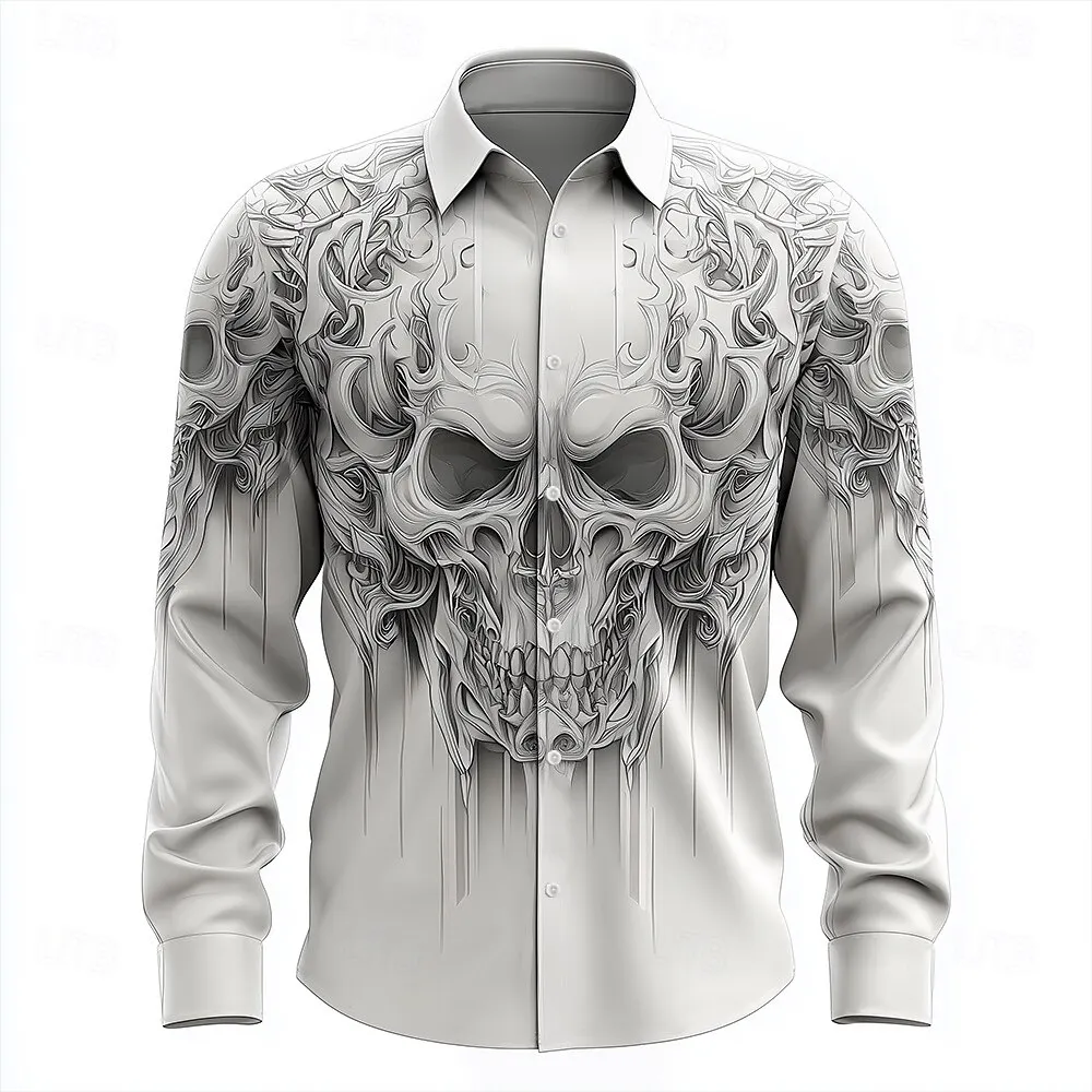 Hip Hop Skull Print Shirt Men Streetwear 2025 Long Sleeve Tops Urban Trendy Graphic Tee Shirt Casual Loose Fit Gothic Clothing
