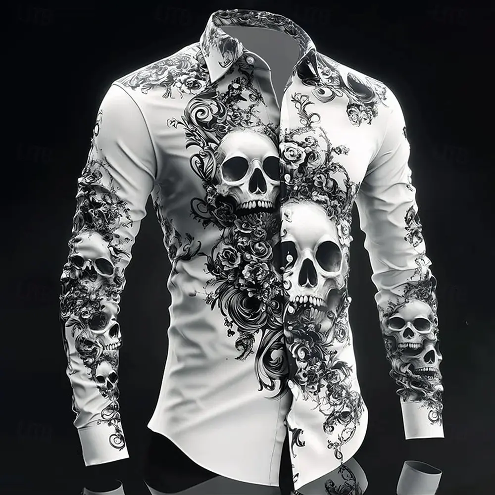 Hip Hop Skull Print Shirt Men Streetwear 2025 Long Sleeve Tops Urban Trendy Graphic Tee Shirt Casual Loose Fit Gothic Clothing