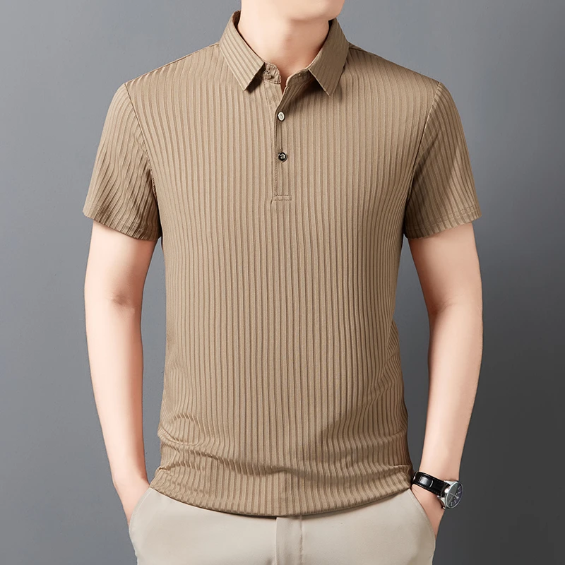 2026 New Men's Casual Fashion Striped Short Sleeved Collar Polo Shirt Breathable and Comfortable Summer Versatile T-shirt