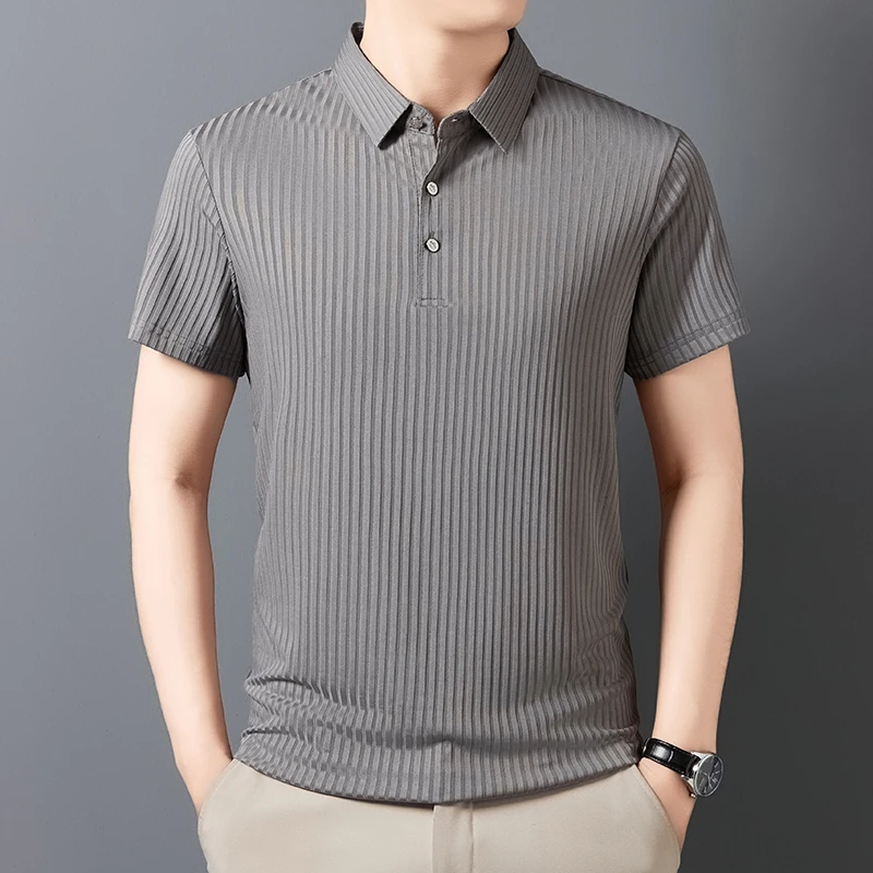 2026 New Men's Casual Fashion Striped Short Sleeved Collar Polo Shirt Breathable and Comfortable Summer Versatile T-shirt
