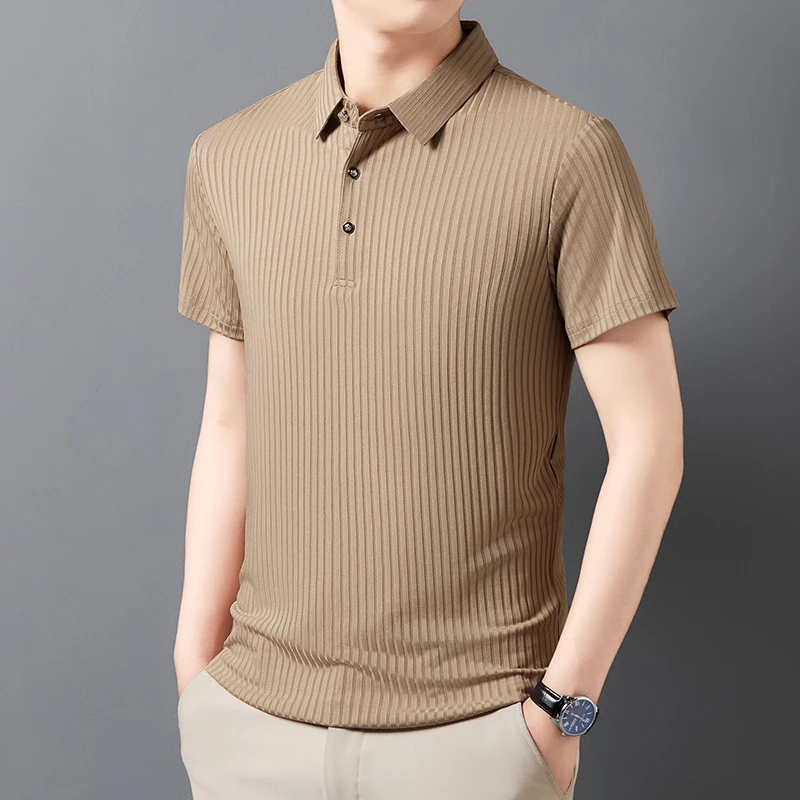 2026 New Men's Casual Fashion Striped Short Sleeved Collar Polo Shirt Breathable and Comfortable Summer Versatile T-shirt