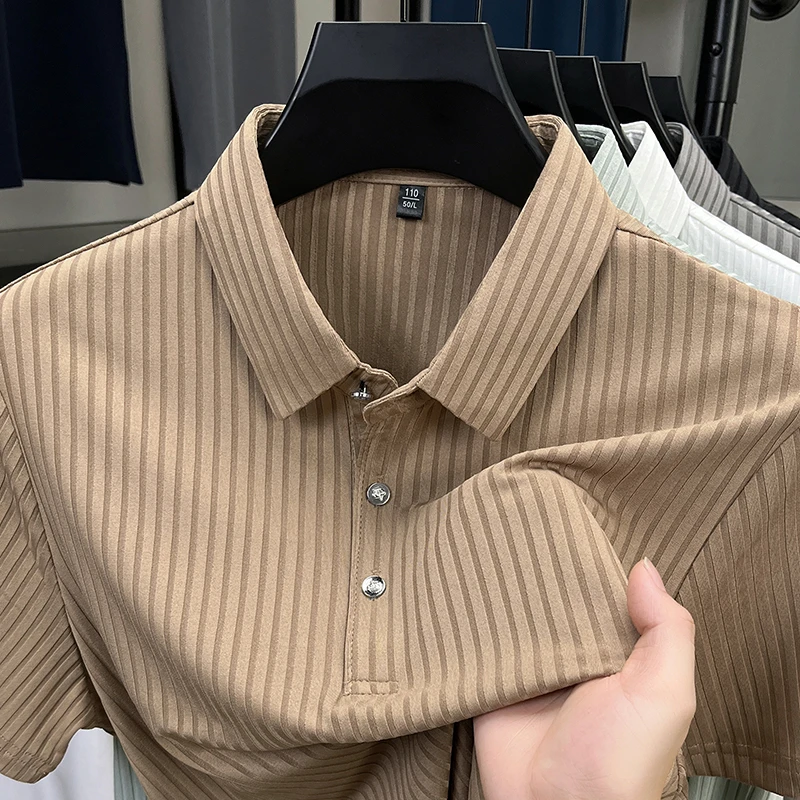 2026 New Men's Casual Fashion Striped Short Sleeved Collar Polo Shirt Breathable and Comfortable Summer Versatile T-shirt