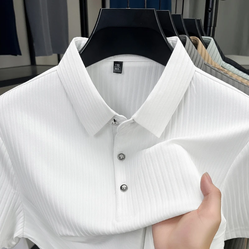 2026 New Men's Casual Fashion Striped Short Sleeved Collar Polo Shirt Breathable and Comfortable Summer Versatile T-shirt