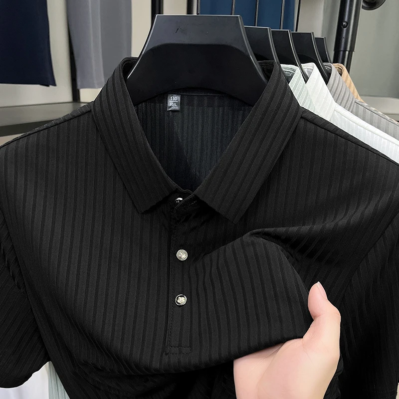 2026 New Men's Casual Fashion Striped Short Sleeved Collar Polo Shirt Breathable and Comfortable Summer Versatile T-shirt