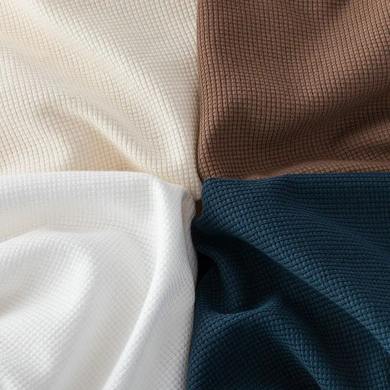 Waffle Short Sleeved T-shirt for Men and Women Summer Japanese Round Neck Half Sleeved Top Loose Casual Solid Color T-shirt