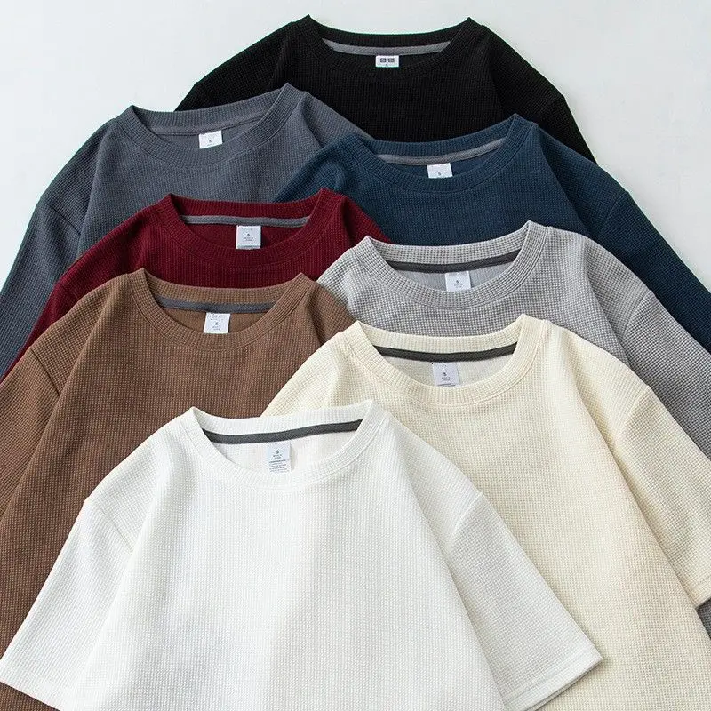Waffle Short Sleeved T-shirt for Men and Women Summer Japanese Round Neck Half Sleeved Top Loose Casual Solid Color T-shirt