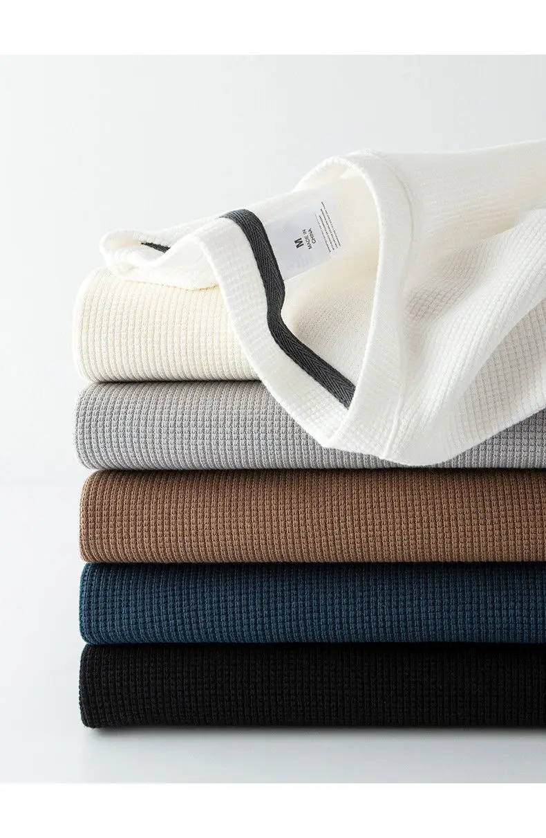 Waffle Short Sleeved T-shirt for Men and Women Summer Japanese Round Neck Half Sleeved Top Loose Casual Solid Color T-shirt