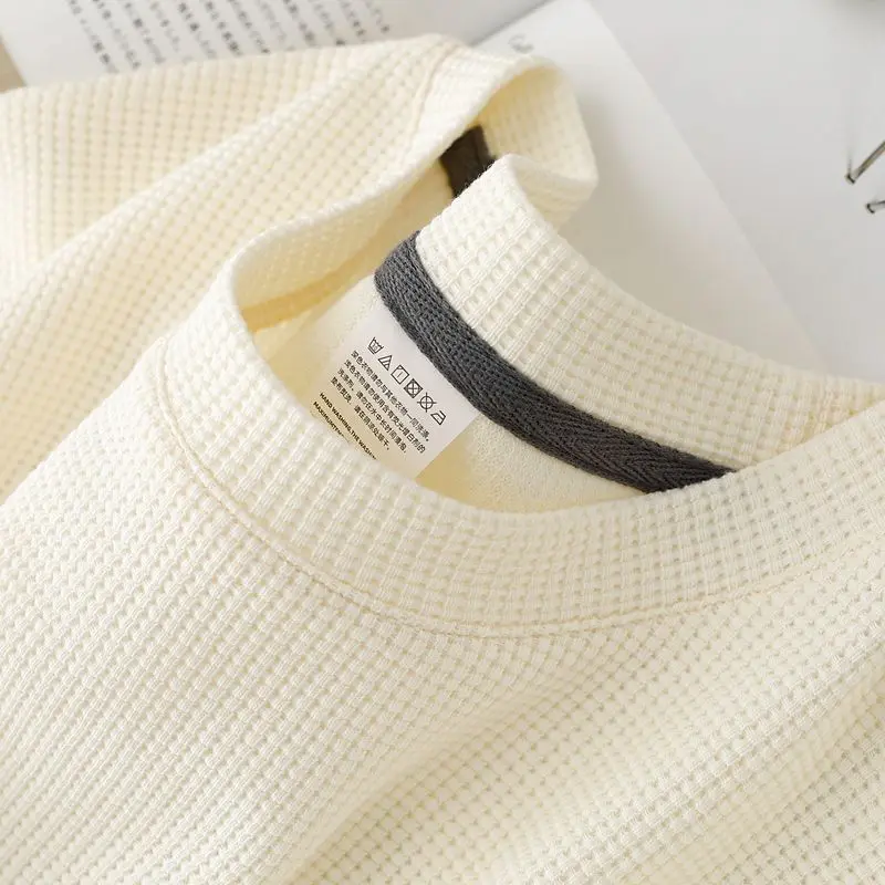 Waffle Short Sleeved T-shirt for Men and Women Summer Japanese Round Neck Half Sleeved Top Loose Casual Solid Color T-shirt
