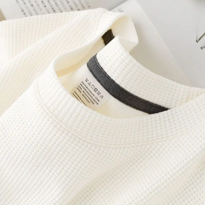 Waffle Short Sleeved T-shirt for Men and Women Summer Japanese Round Neck Half Sleeved Top Loose Casual Solid Color T-shirt