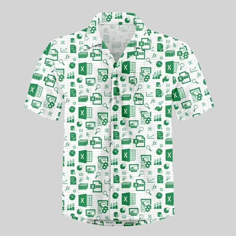 Men's Fun Excel Spreadsheet 3D Print Shirts Green White Funny Office Short Sleeve Lapel Tops Men Clothes