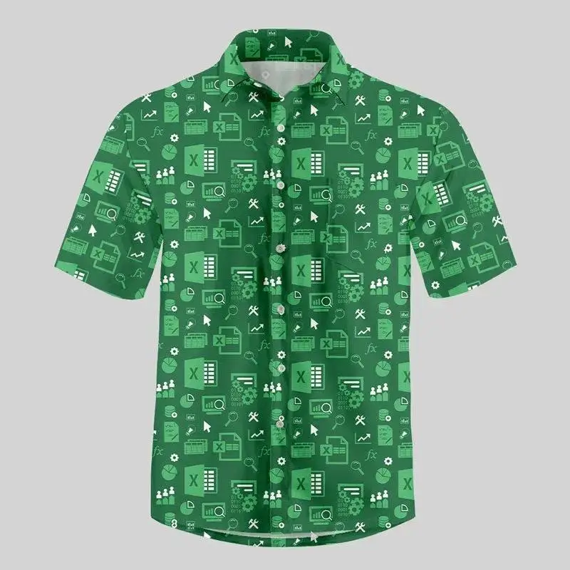 Men's Fun Excel Spreadsheet 3D Print Shirts Green White Funny Office Short Sleeve Lapel Tops Men Clothes