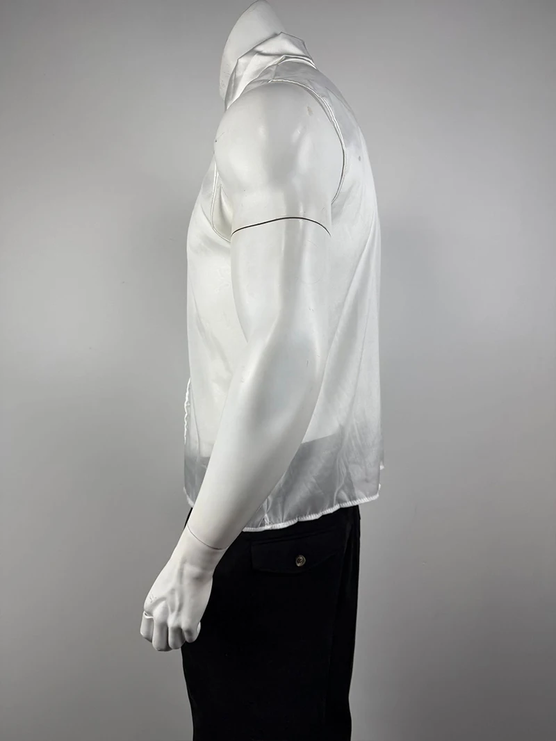 Sexy Mens See Through Sleeveless Shirt Self Tie Neck Sheer Chiffon Muscle Tank Tops Night Club Bar Costume Slim Transparent Vest