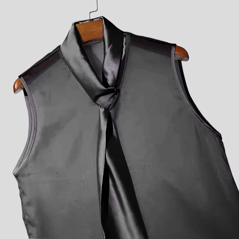 Sexy Mens See Through Sleeveless Shirt Self Tie Neck Sheer Chiffon Muscle Tank Tops Night Club Bar Costume Slim Transparent Vest