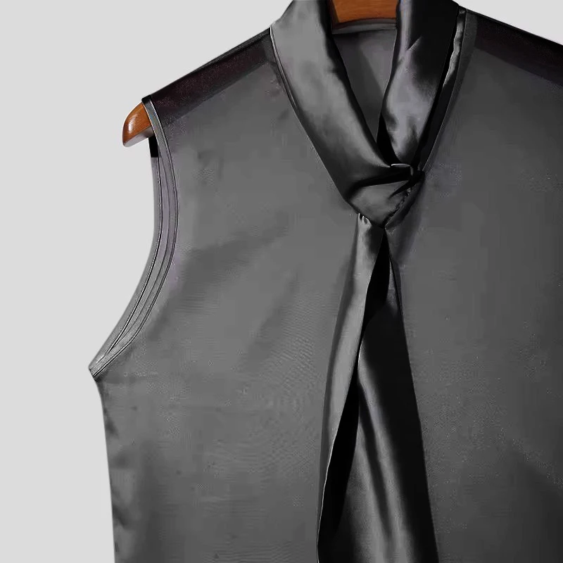 Sexy Mens See Through Sleeveless Shirt Self Tie Neck Sheer Chiffon Muscle Tank Tops Night Club Bar Costume Slim Transparent Vest
