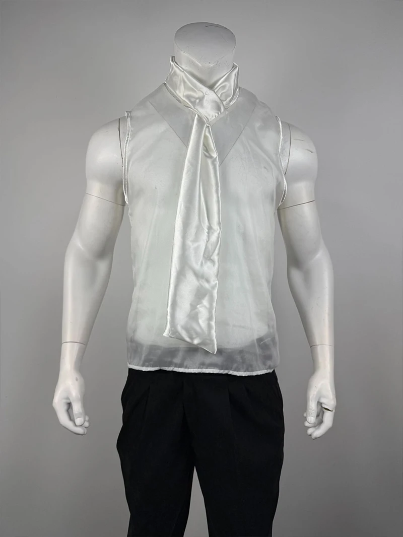 Sexy Mens See Through Sleeveless Shirt Self Tie Neck Sheer Chiffon Muscle Tank Tops Night Club Bar Costume Slim Transparent Vest