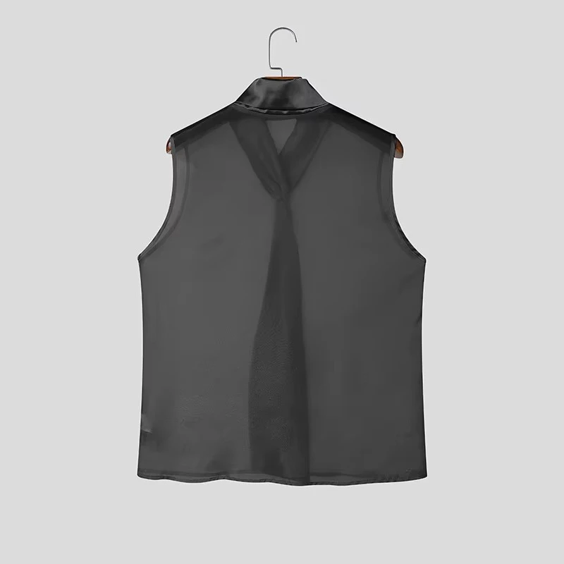 Sexy Mens See Through Sleeveless Shirt Self Tie Neck Sheer Chiffon Muscle Tank Tops Night Club Bar Costume Slim Transparent Vest