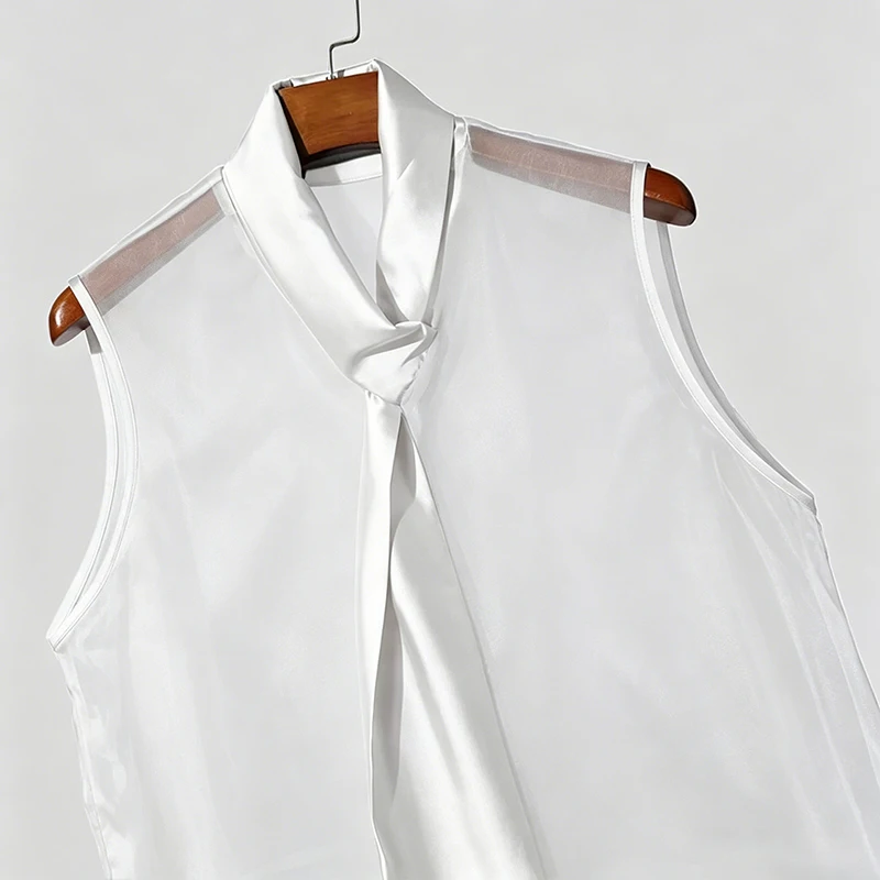 Sexy Mens See Through Sleeveless Shirt Self Tie Neck Sheer Chiffon Muscle Tank Tops Night Club Bar Costume Slim Transparent Vest