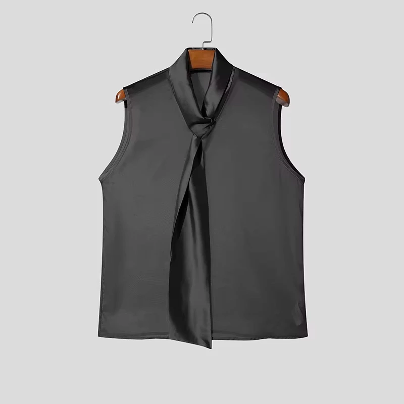 Sexy Mens See Through Sleeveless Shirt Self Tie Neck Sheer Chiffon Muscle Tank Tops Night Club Bar Costume Slim Transparent Vest