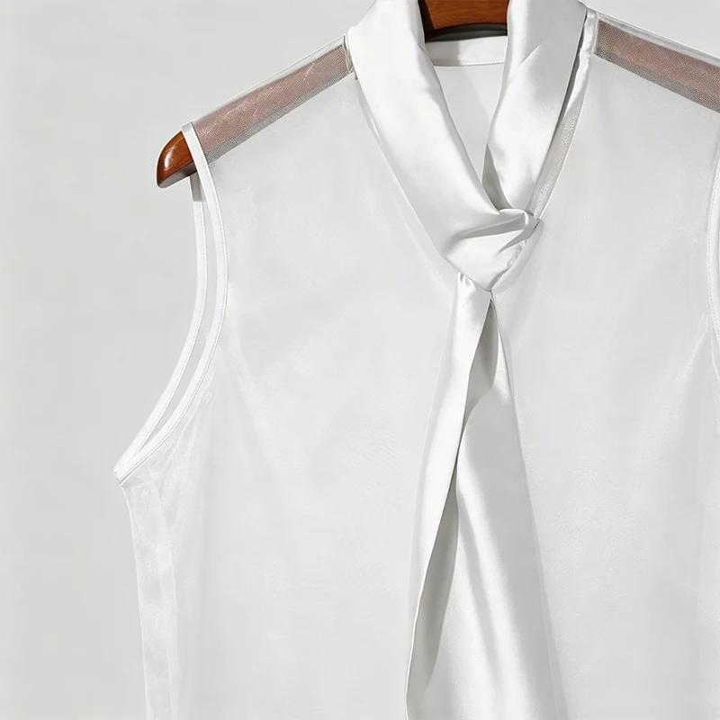 Sexy Mens See Through Sleeveless Shirt Self Tie Neck Sheer Chiffon Muscle Tank Tops Night Club Bar Costume Slim Transparent Vest