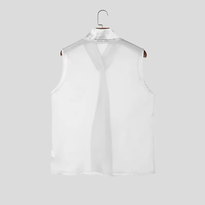 Sexy Mens See Through Sleeveless Shirt Self Tie Neck Sheer Chiffon Muscle Tank Tops Night Club Bar Costume Slim Transparent Vest