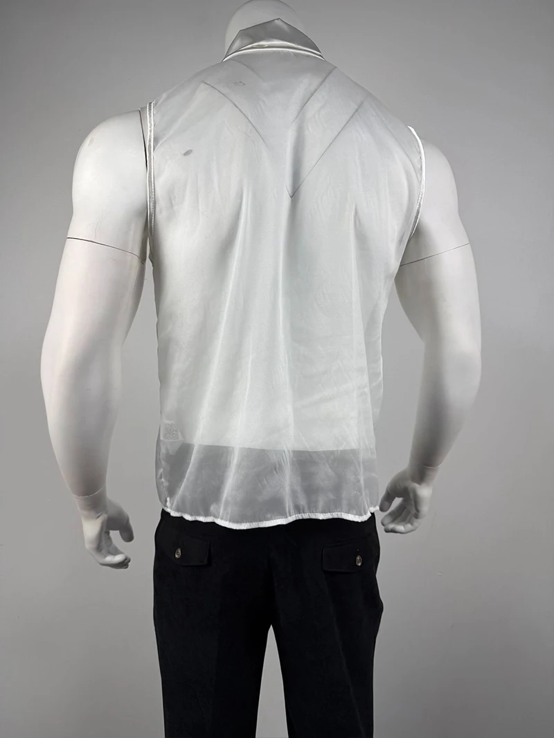 Sexy Mens See Through Sleeveless Shirt Self Tie Neck Sheer Chiffon Muscle Tank Tops Night Club Bar Costume Slim Transparent Vest