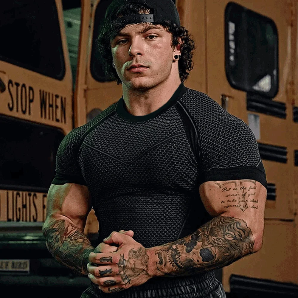 Compression Shirt Men Gym Running T-shirt New Men's Quick-Dry Top Breathable Elastic Fitness T-shirt Short Sleeve Summer Print
