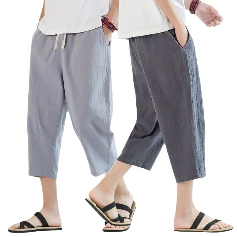 2025 New Summer Men Casual Pants Ice Silk Thin Solid Color Cropped Pants Fashion Hip Hop Street Sweatpants Male Loose Trousers