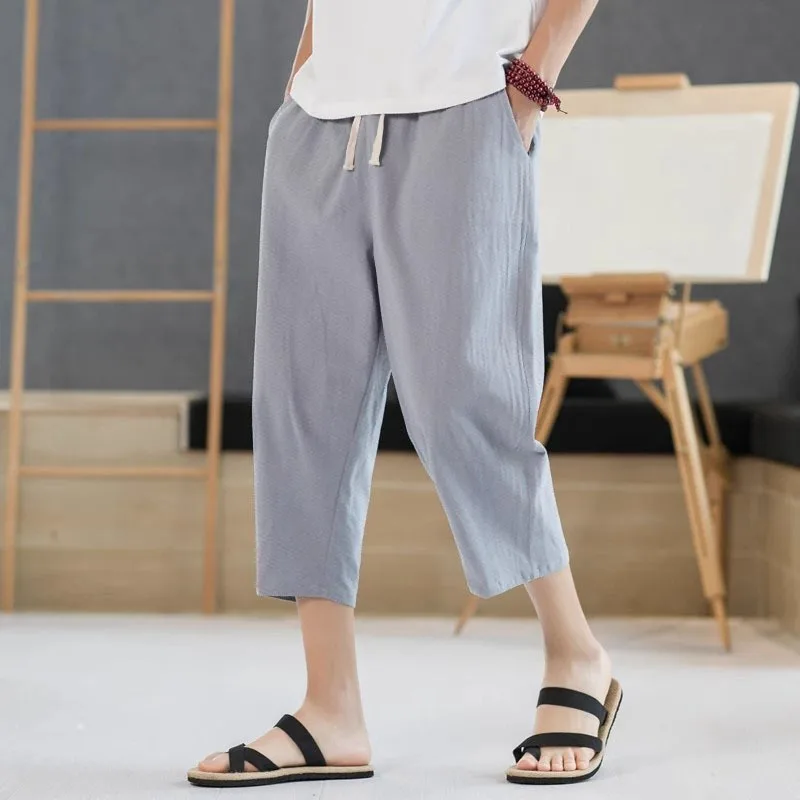 2025 New Summer Men Casual Pants Ice Silk Thin Solid Color Cropped Pants Fashion Hip Hop Street Sweatpants Male Loose Trousers